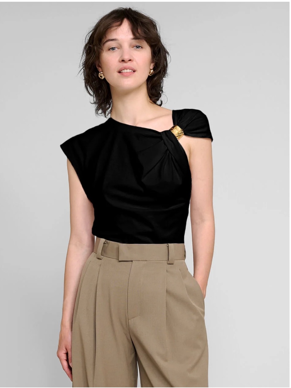 Pixie Market Asymmetric Black One-Shoulder Top with Gold Ring Detail